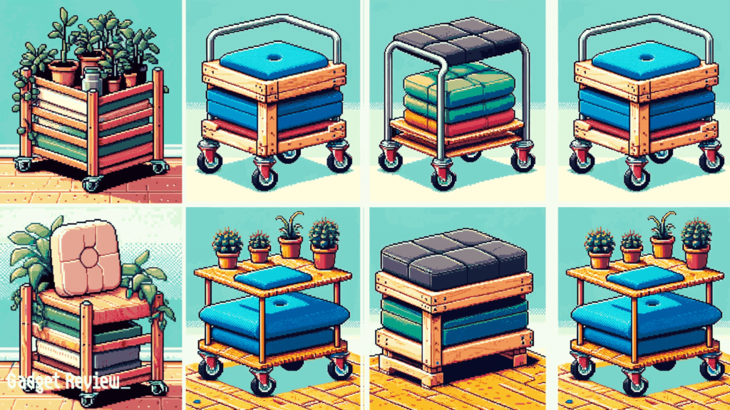 images showing repurposed office chair parts, like using casters for DIY carts or stands, or cushions being reused for extra seating. 