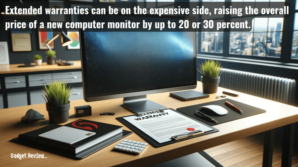 A monitor on a table with extended warranty document
