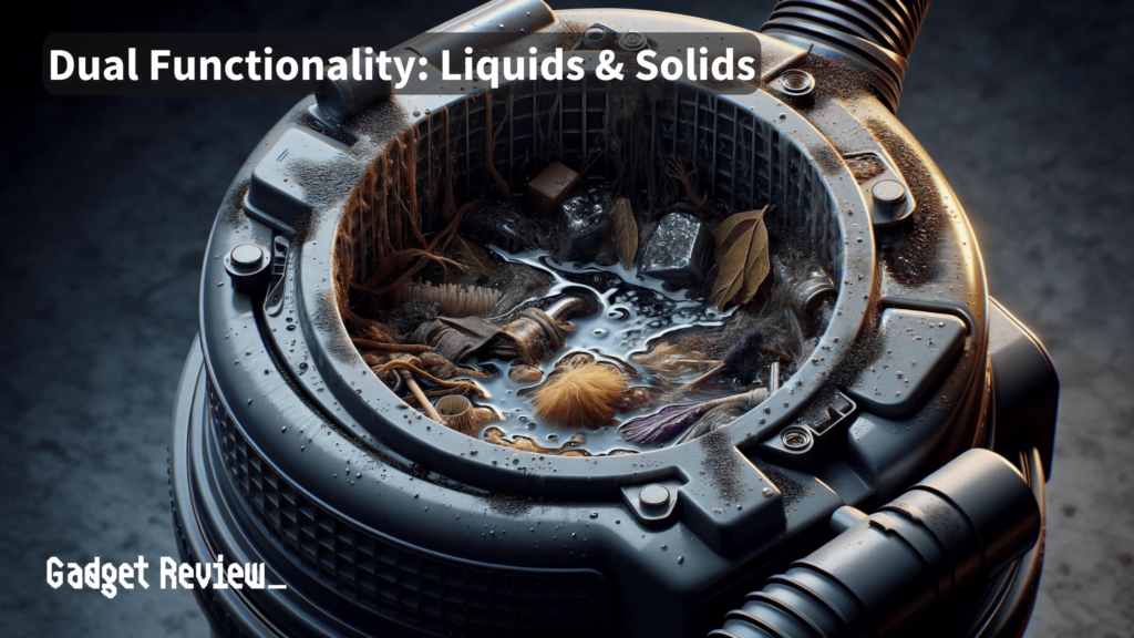 A vacuum's bucket compartment, showing both liquid and solid debris inside