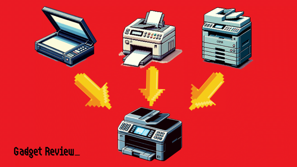 An all in one printer combines a printer, scanner, copier, and sometimes fax into one.