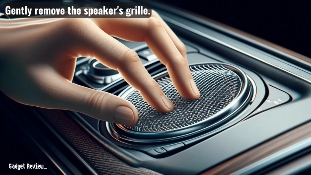 person's hand removing the grille of a car speaker on the dashboard