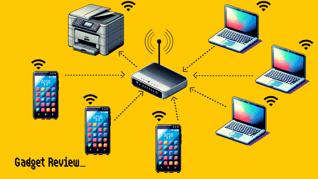 Devices connecting to a Wi-Fi router to print.